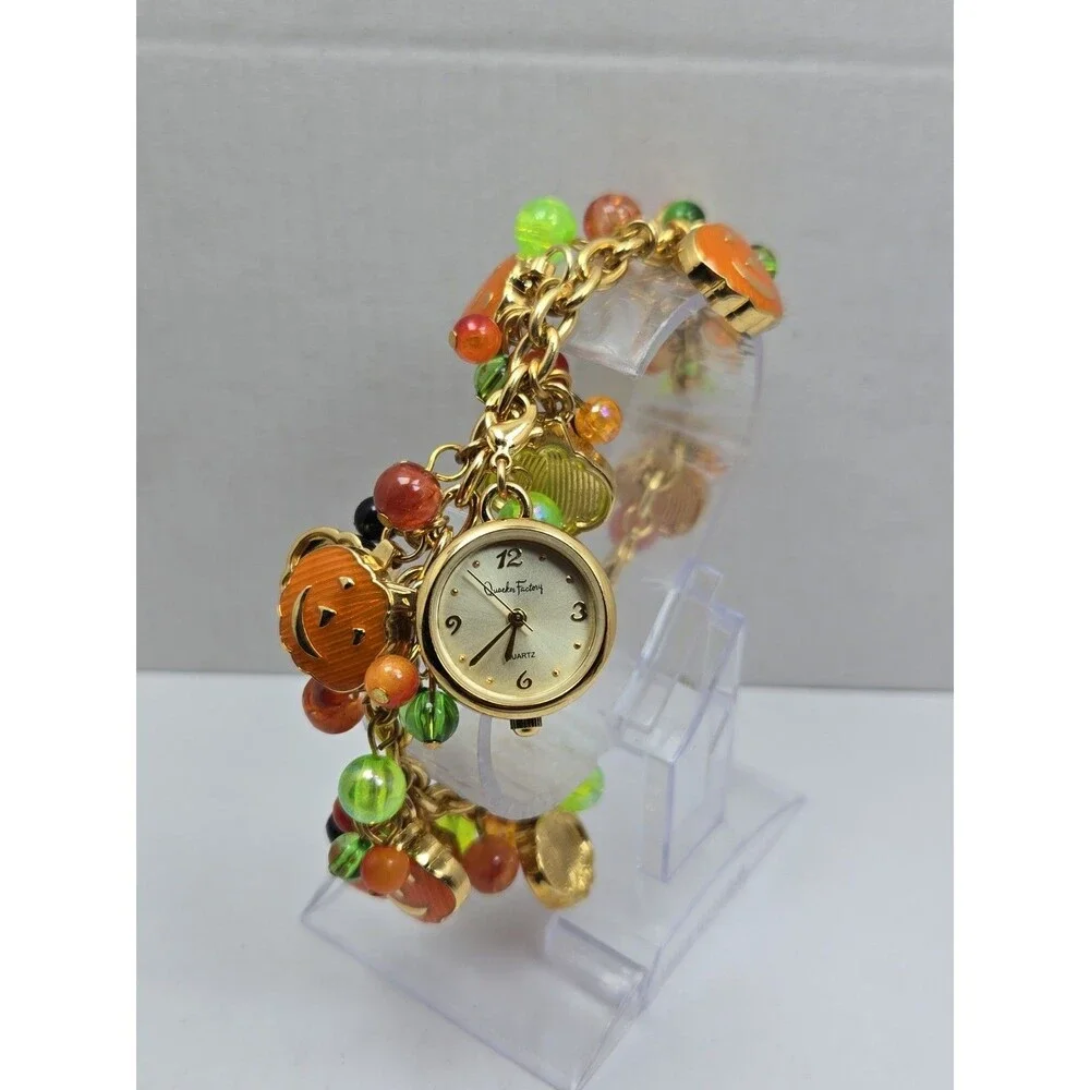 Quacker Factory B7076 Halloween Pumpkin Charm Bracelet Quartz Watch New Battery